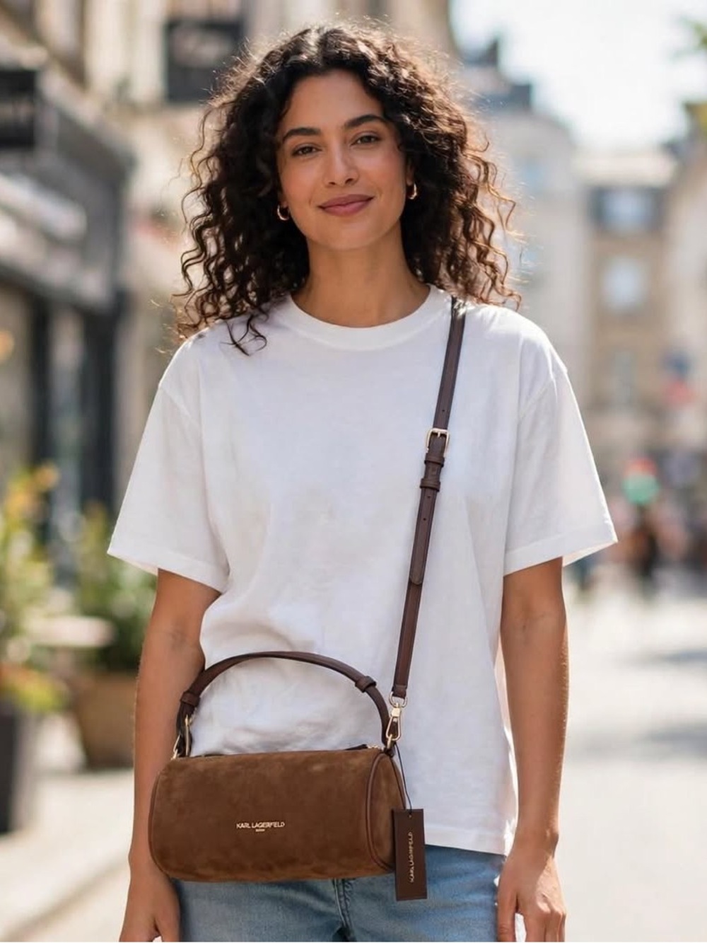 Karl Lagerfeld Brown Suede Barrel Crossbody Bag with Top Handle